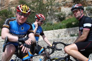 Rapha-clad Guy Andrews with Dynamo co-founder Paul Callinan (centre) and former club captain Nick Peacock, Mallorca 2006